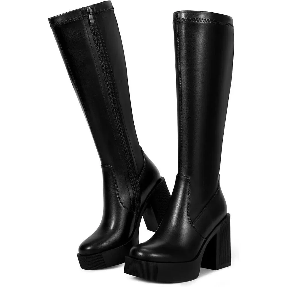Platform Knee High Boots Chunky High Heel Black Gogo Boot Side Zipper